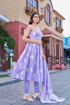 Elegant Light Purple Cotton Printed Kurta Set with Churidar and Dupatta