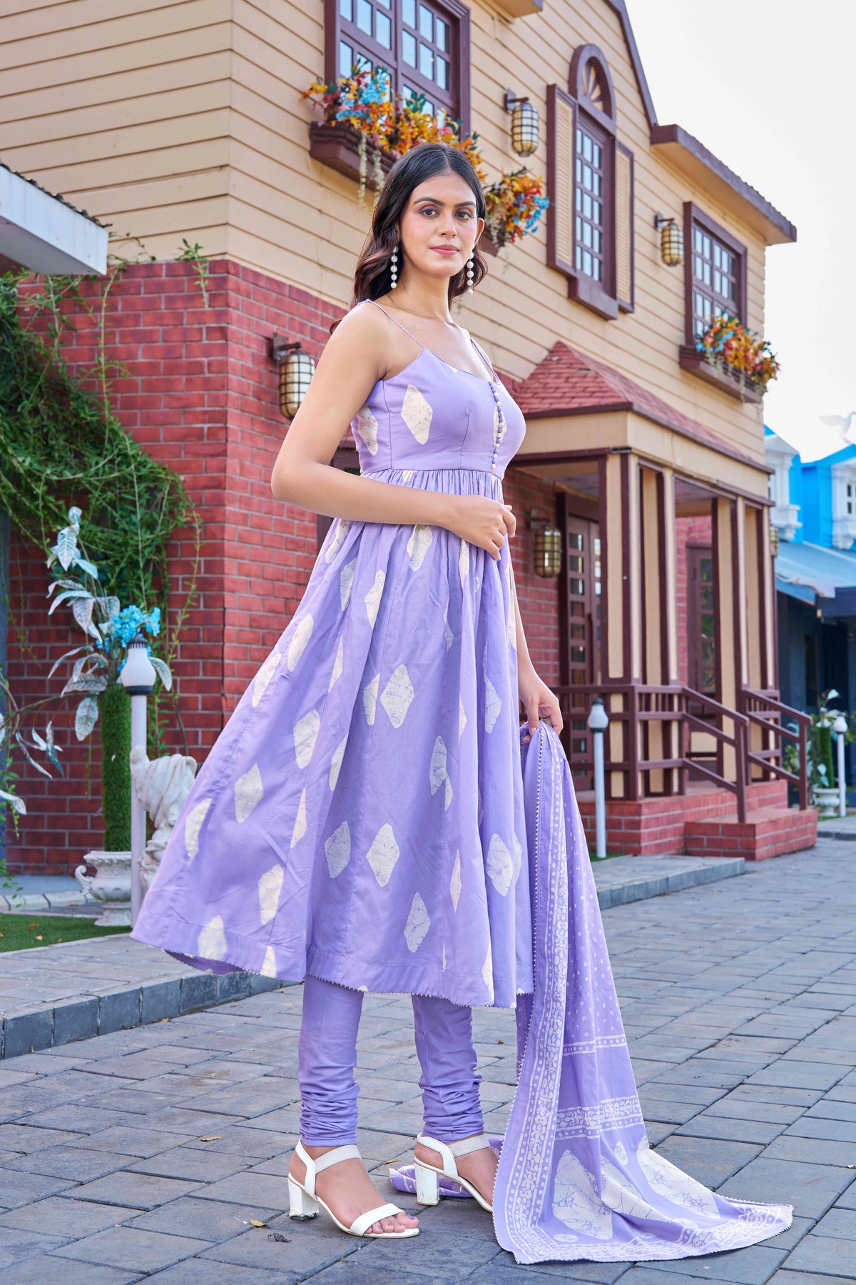 Elegant Light Purple Cotton Printed Kurta Set with Churidar and Dupatta