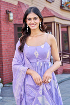 Elegant Light Purple Cotton Printed Kurta Set with Churidar and Dupatta