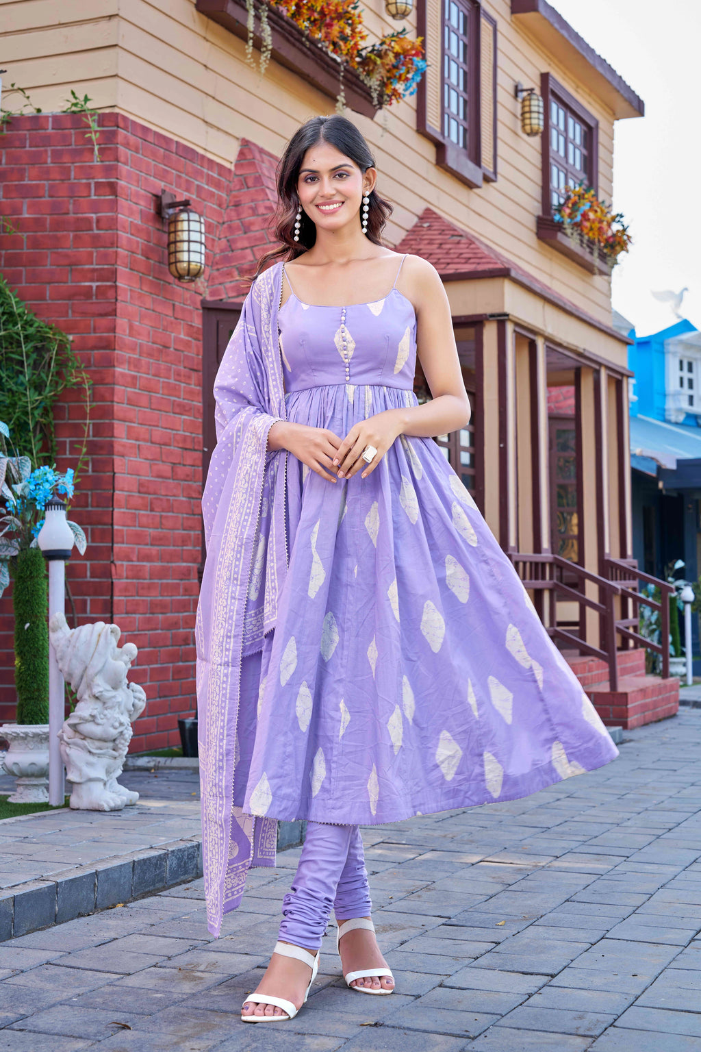Elegant Light Purple Cotton Printed Kurta Set with Churidar and Dupatta
