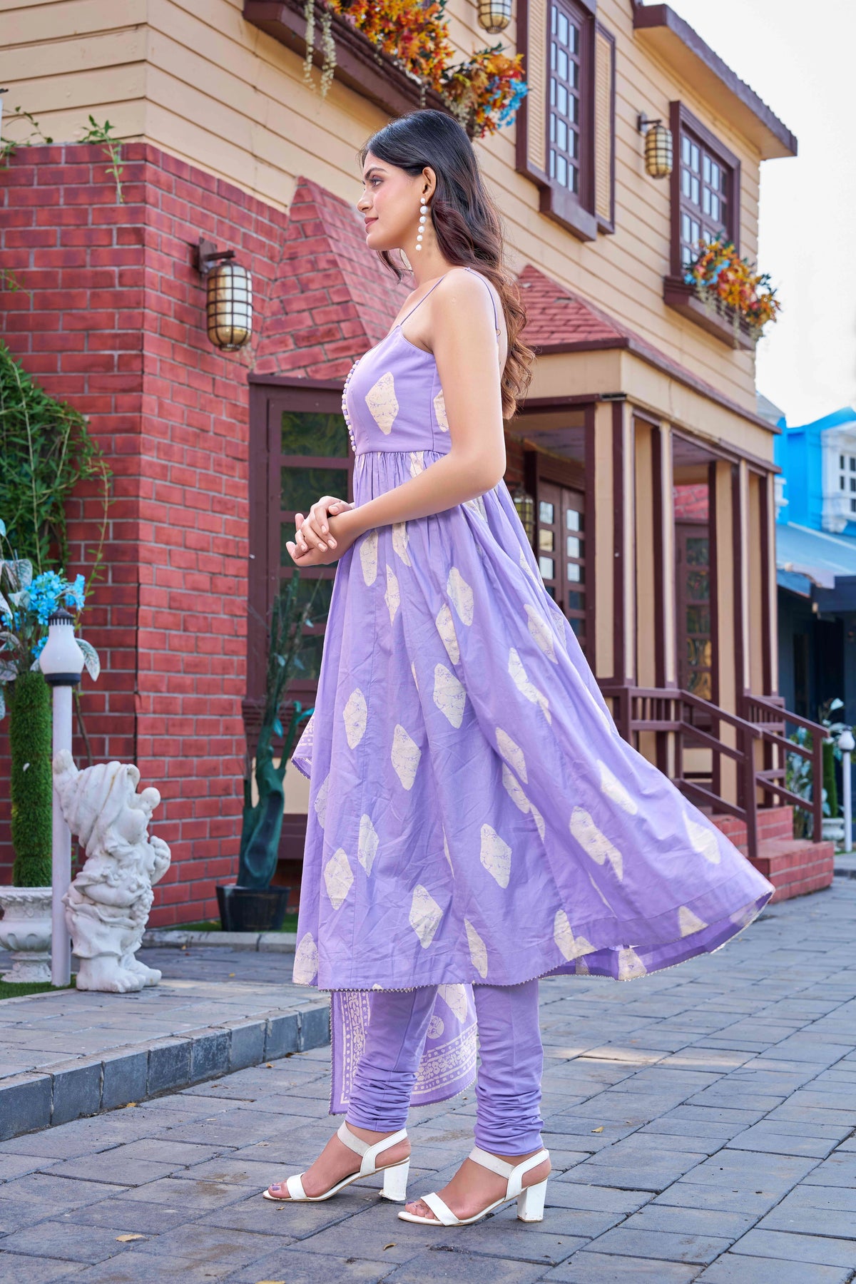 Elegant Light Purple Cotton Printed Kurta Set with Churidar and Dupatta