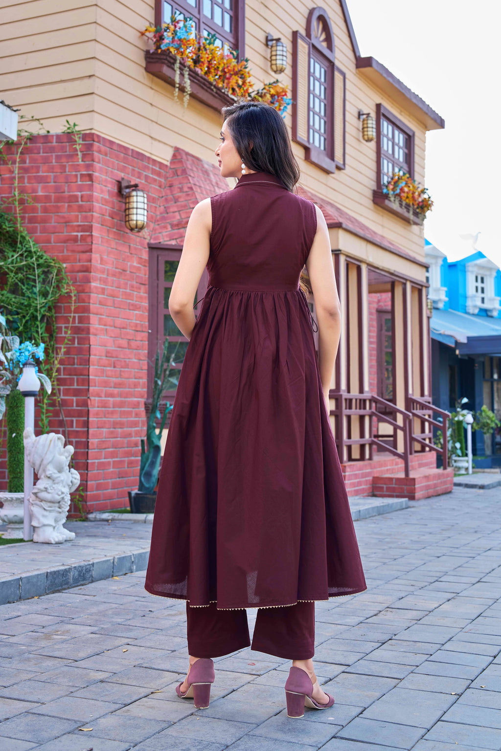 Stylish Maroon Cotton Kurta Set with Printed Dupatta