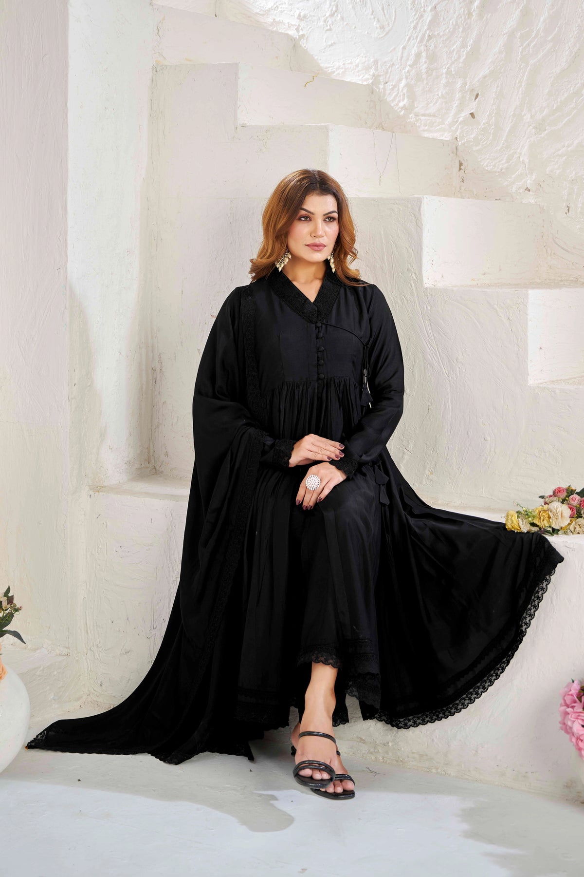 Elegant Black Muslin Cotton Anarkali Kurta Set with Dupatta