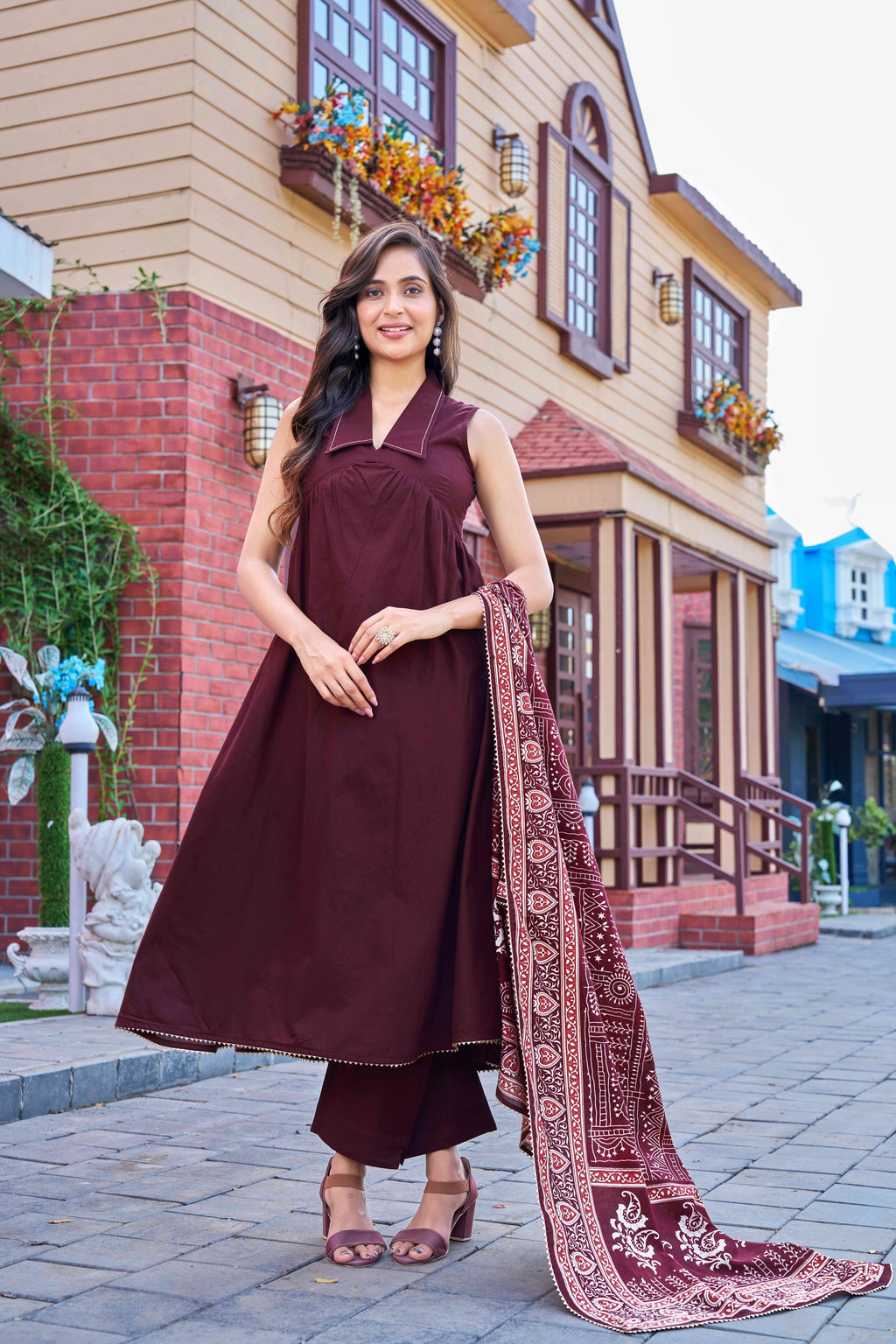 Stylish Maroon Cotton Kurta Set with Printed Dupatta