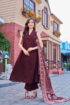 Stylish Maroon Cotton Kurta Set with Printed Dupatta