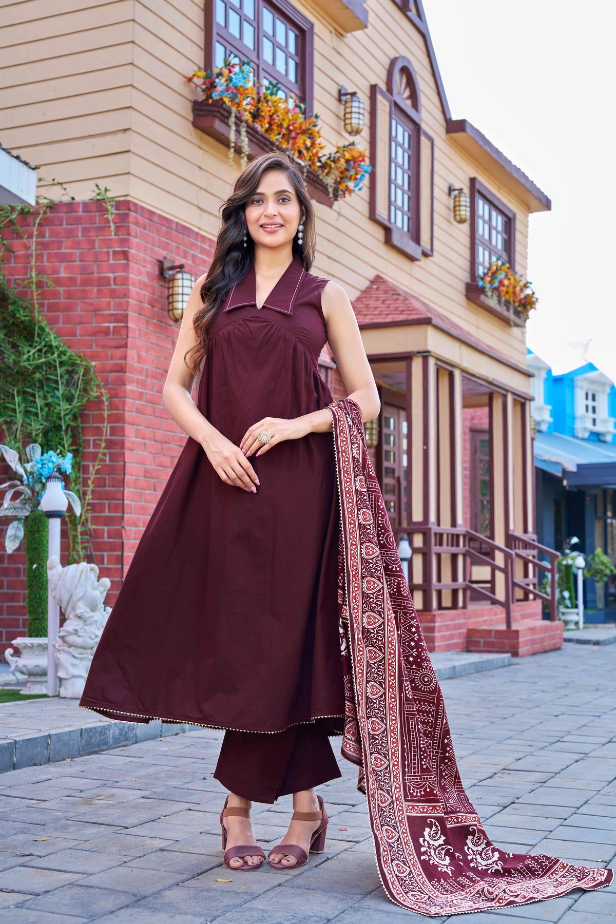 Stylish Maroon Cotton Kurta Set with Printed Dupatta