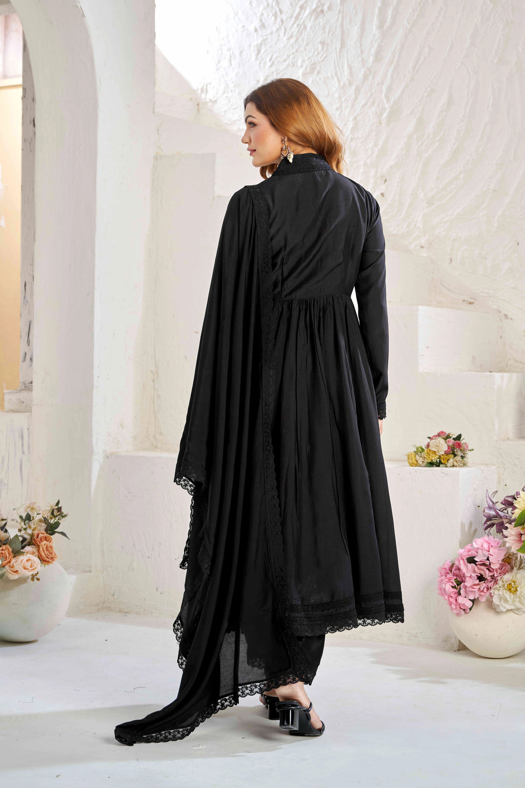 Elegant Black Muslin Cotton Anarkali Kurta Set with Dupatta