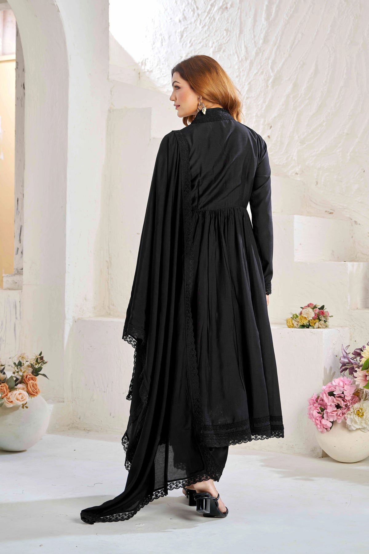 Elegant Black Muslin Cotton Anarkali Kurta Set with Dupatta