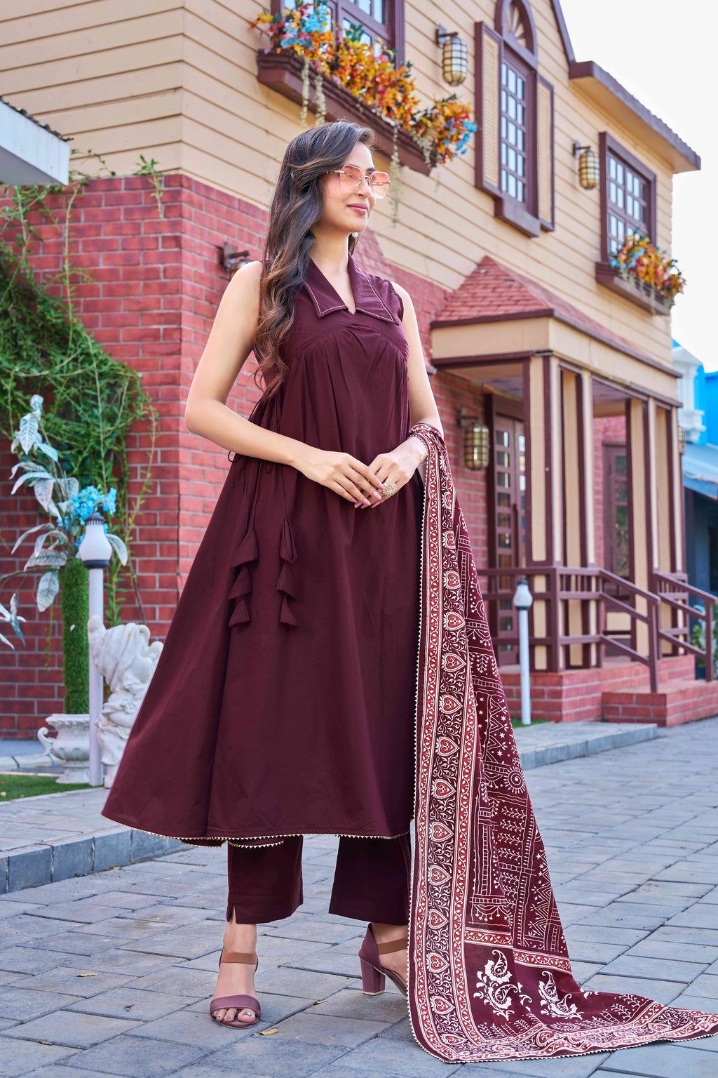 Stylish Maroon Cotton Kurta Set with Printed Dupatta