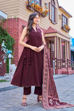 Stylish Maroon Cotton Kurta Set with Printed Dupatta