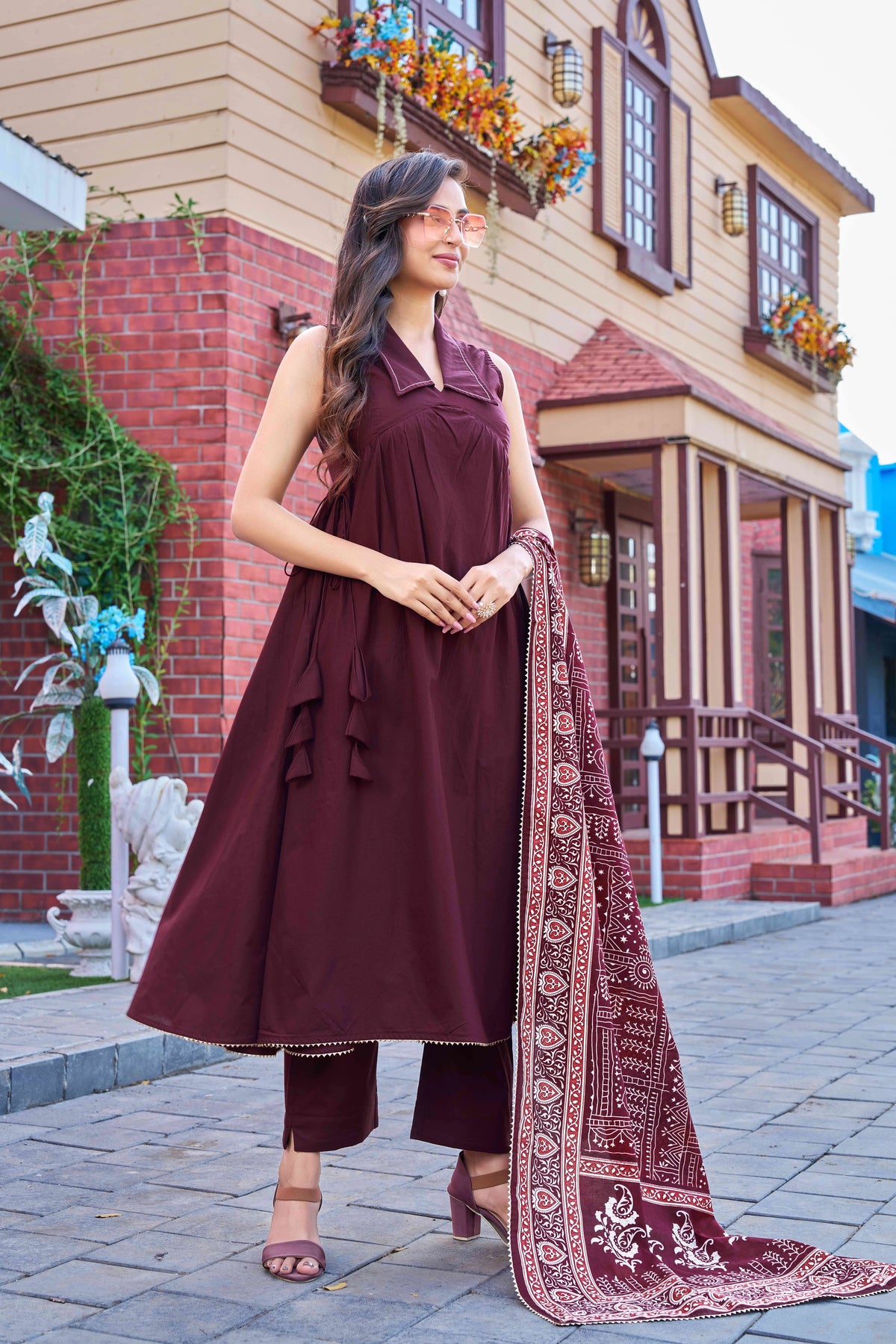 Stylish Maroon Cotton Kurta Set with Printed Dupatta