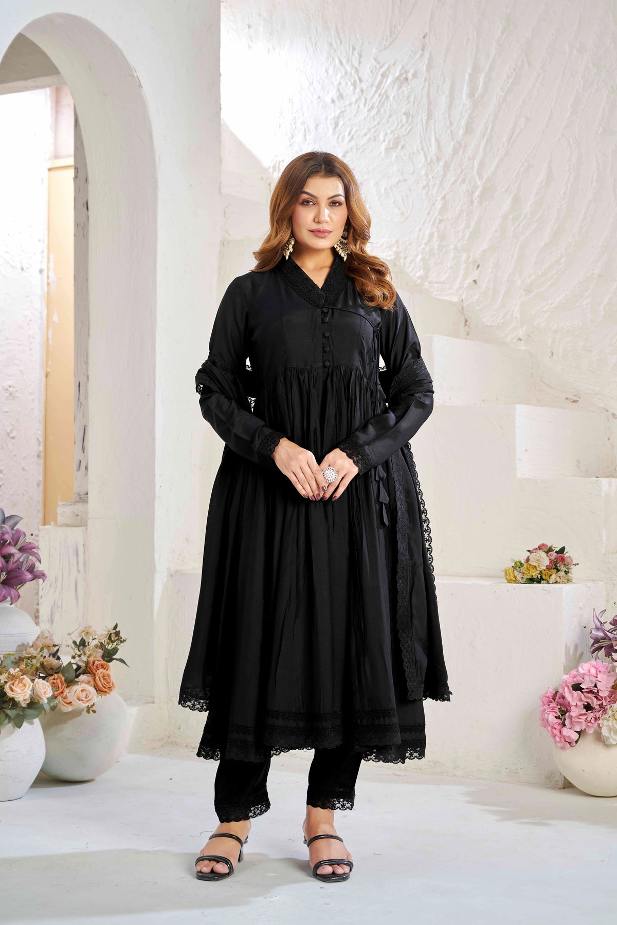 Elegant Black Muslin Cotton Anarkali Kurta Set with Dupatta