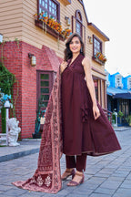 Stylish Maroon Cotton Kurta Set with Printed Dupatta