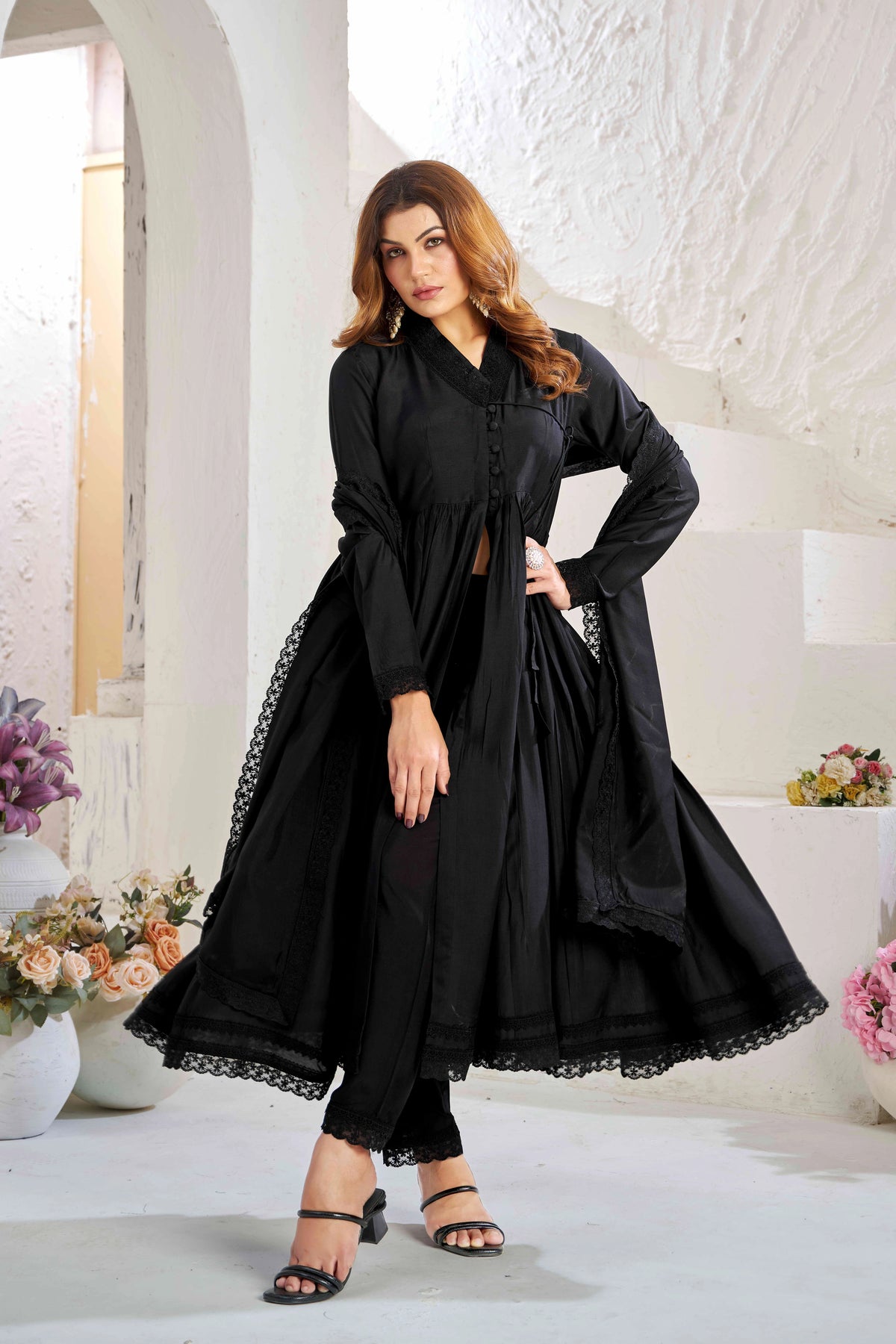 Elegant Black Muslin Cotton Anarkali Kurta Set with Dupatta