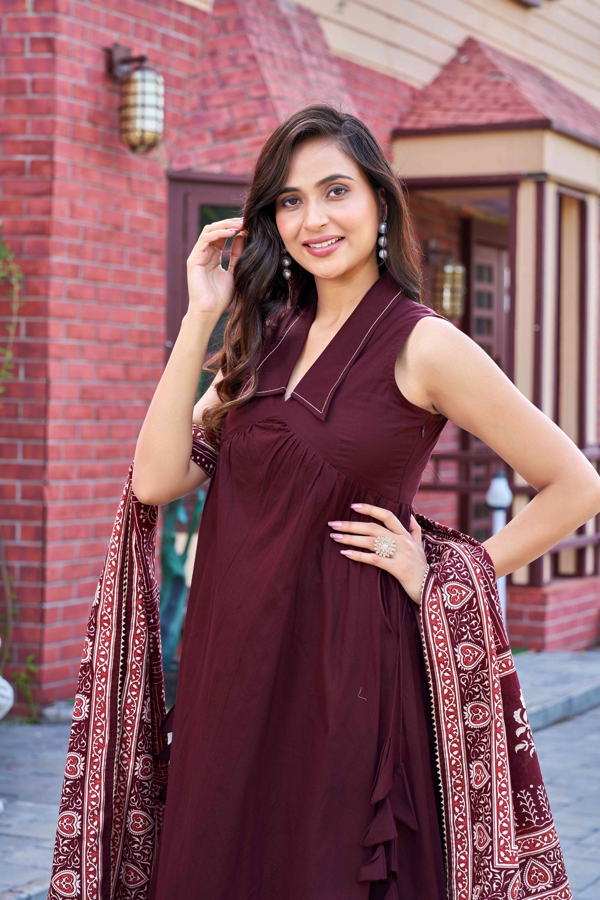 Stylish Maroon Cotton Kurta Set with Printed Dupatta