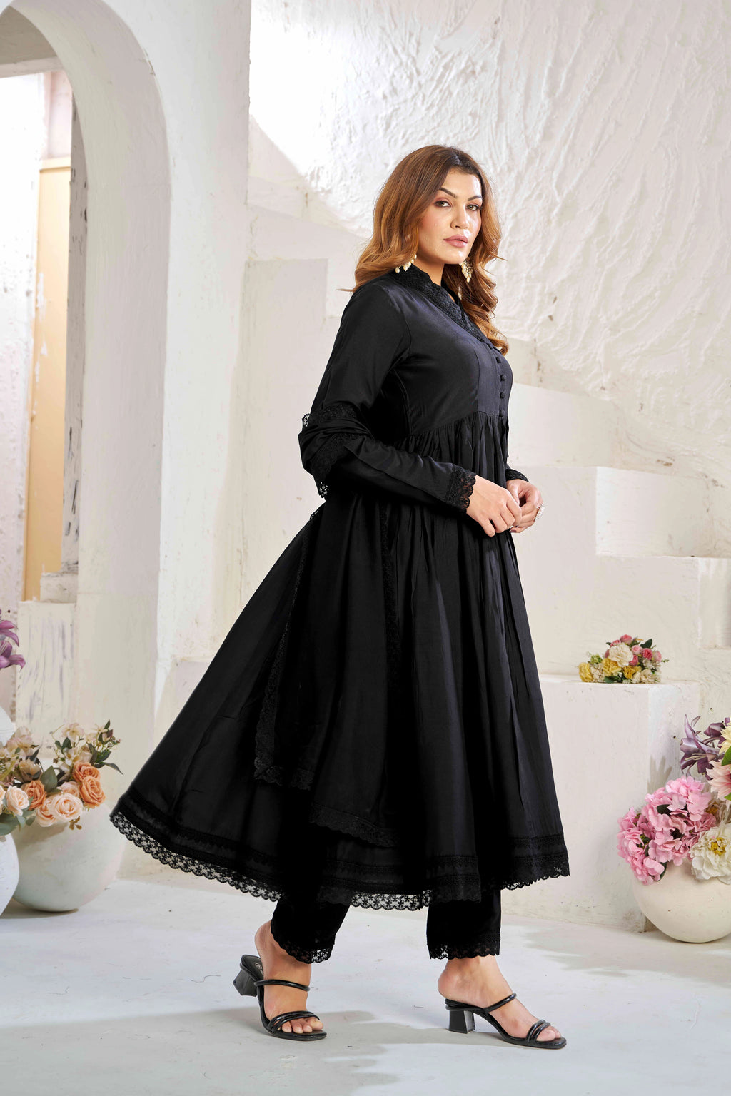 Elegant Black Muslin Cotton Anarkali Kurta Set with Dupatta