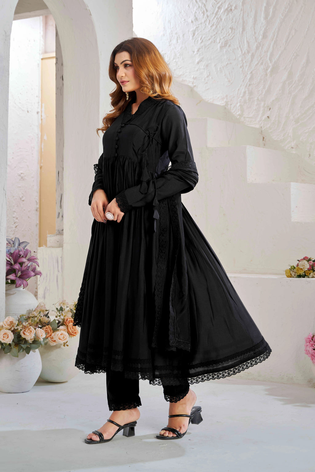 Elegant Black Muslin Cotton Anarkali Kurta Set with Dupatta