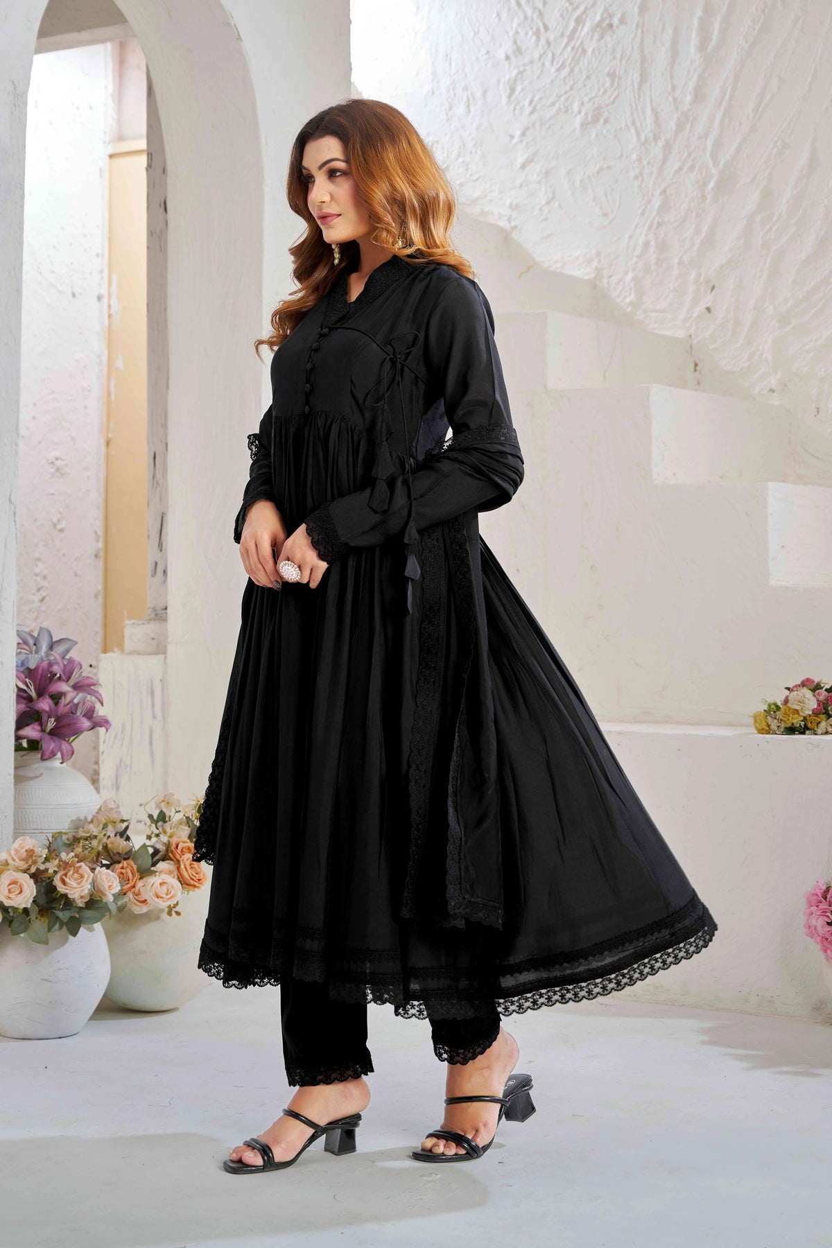 Elegant Black Muslin Cotton Anarkali Kurta Set with Dupatta