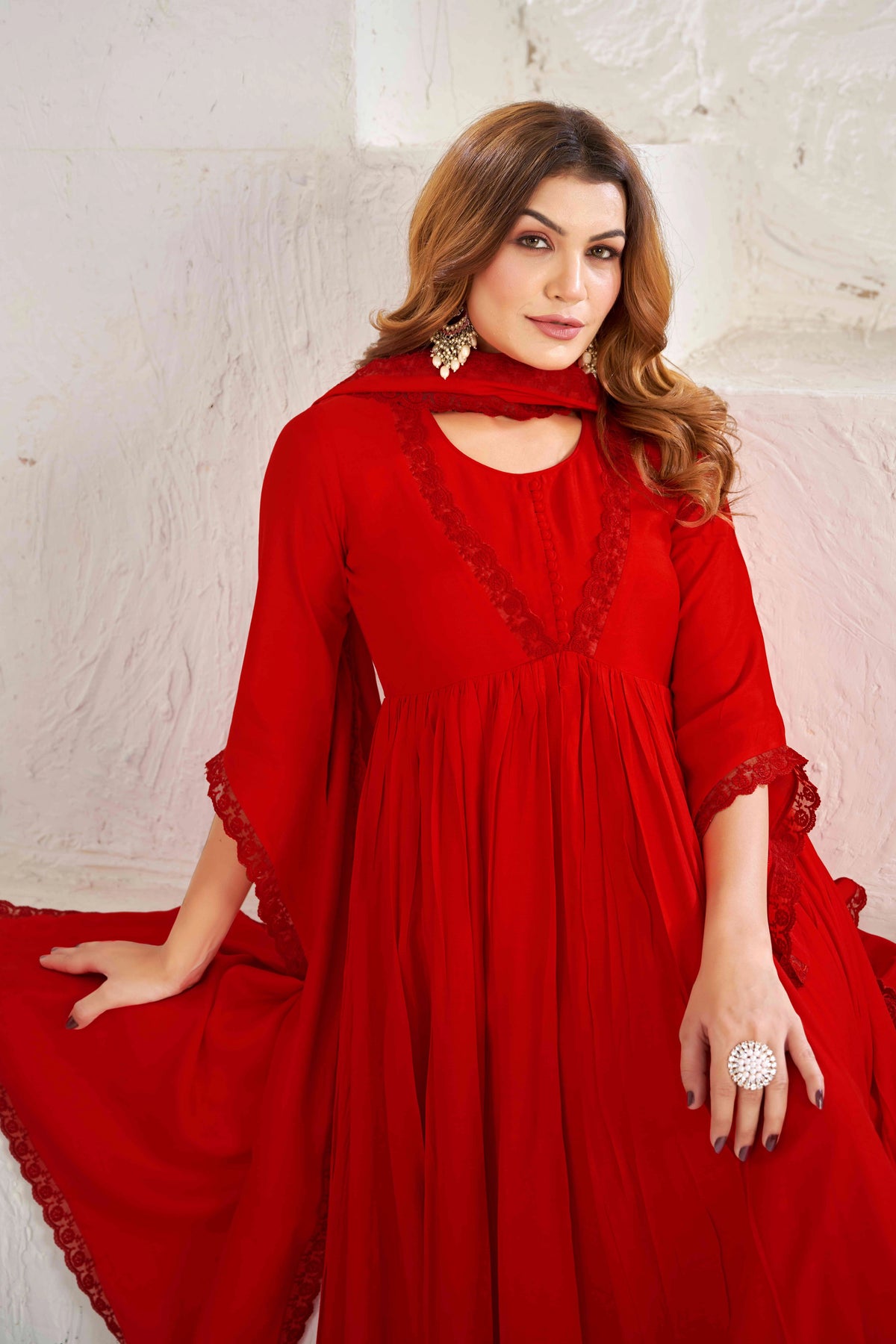 Elegant Red Muslin Cotton Anarkali Kurta Set with Dupatta