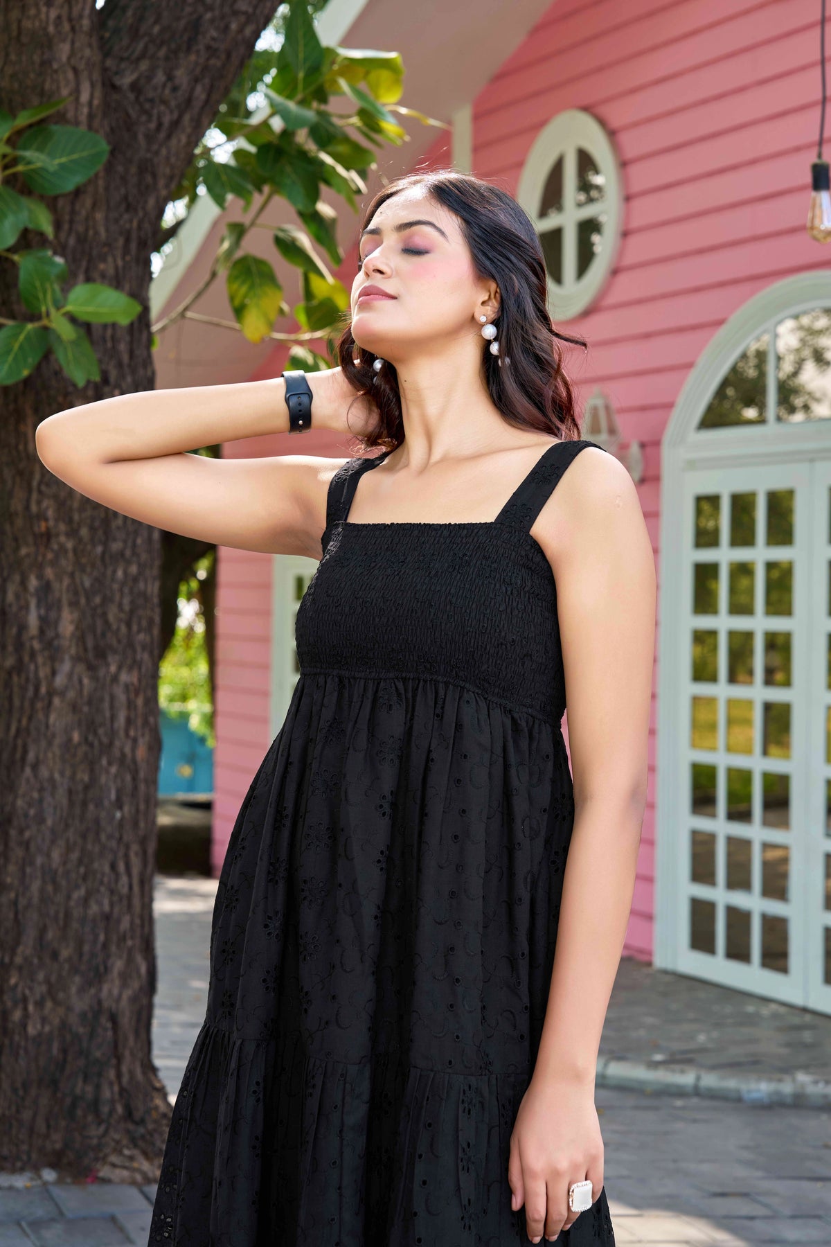 Elegant Black Cotton Embroidered One-Piece Western Dress