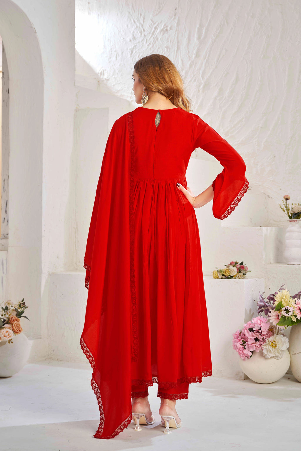 Elegant Red Muslin Cotton Anarkali Kurta Set with Dupatta