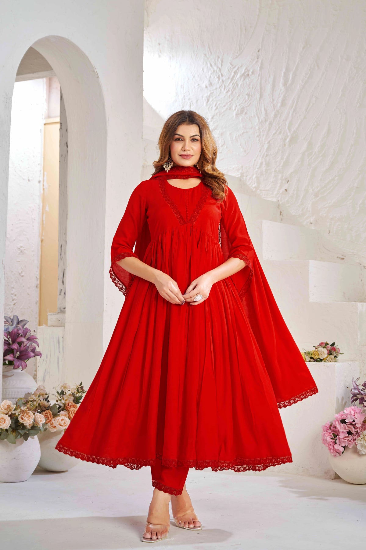 Elegant Red Muslin Cotton Anarkali Kurta Set with Dupatta
