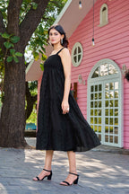 Elegant Black Cotton Embroidered One-Piece Western Dress