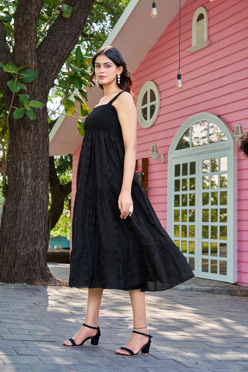 Elegant Black Cotton Embroidered One-Piece Western Dress