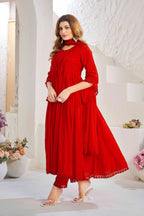 Elegant Red Muslin Cotton Anarkali Kurta Set with Dupatta