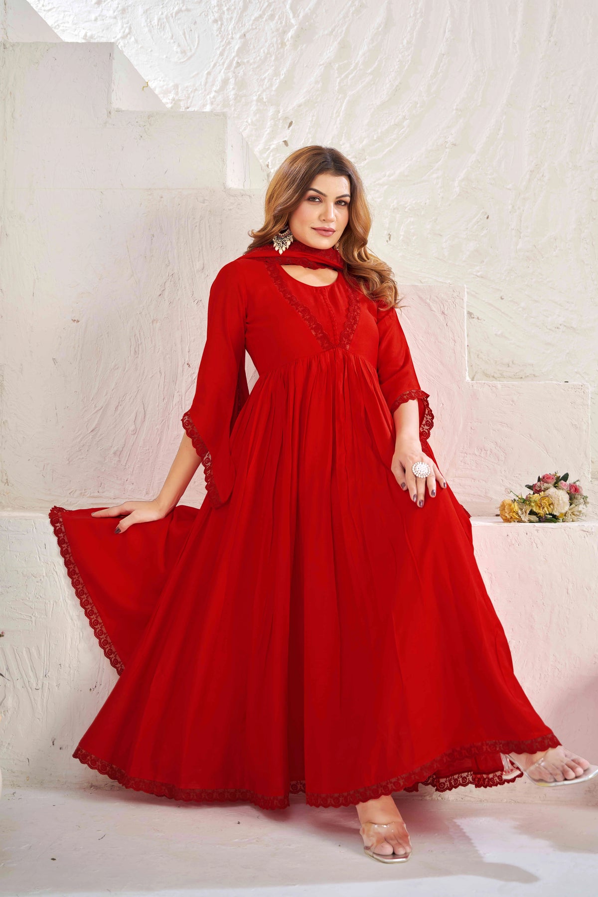 Elegant Red Muslin Cotton Anarkali Kurta Set with Dupatta