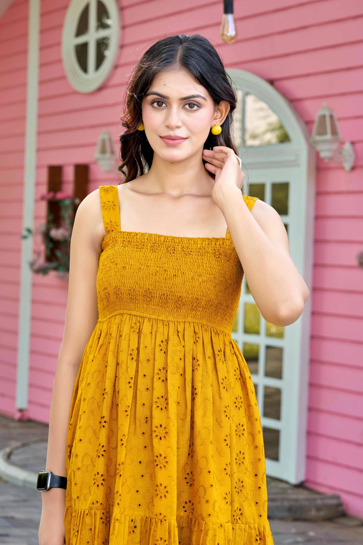 Chic Mustard Cotton Embroidered One-Piece Western Dress