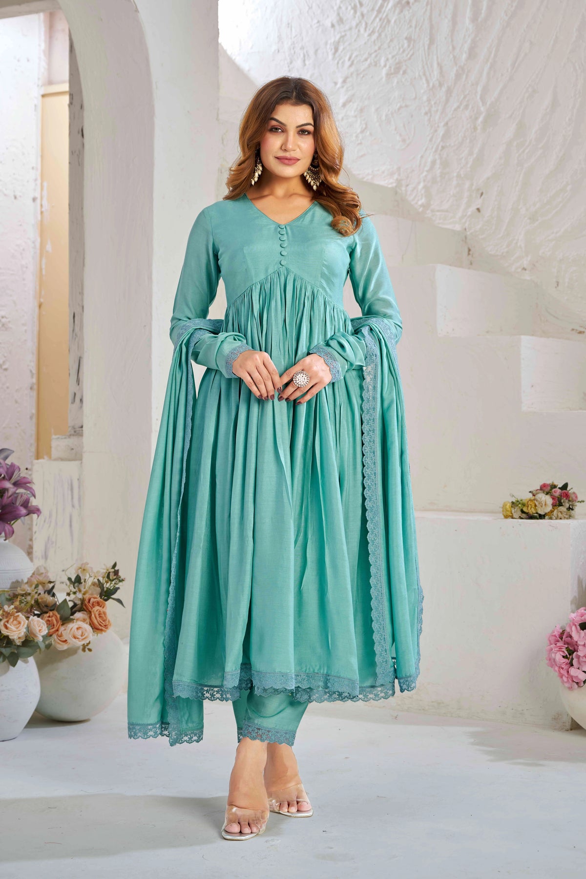 Elegant Sea Green Muslin Cotton Anarkali Kurta Set with Dupatta