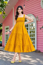 Chic Mustard Cotton Embroidered One-Piece Western Dress