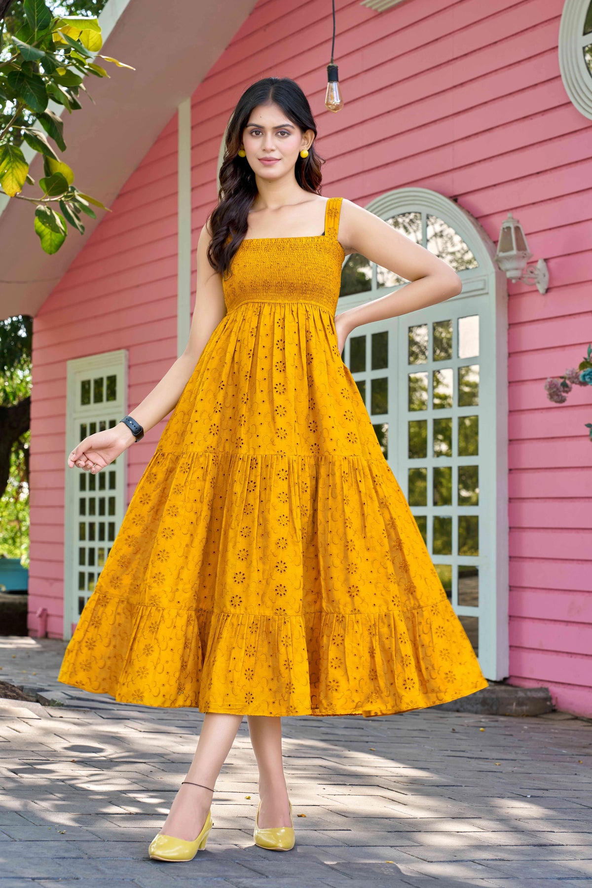 Chic Mustard Cotton Embroidered One-Piece Western Dress