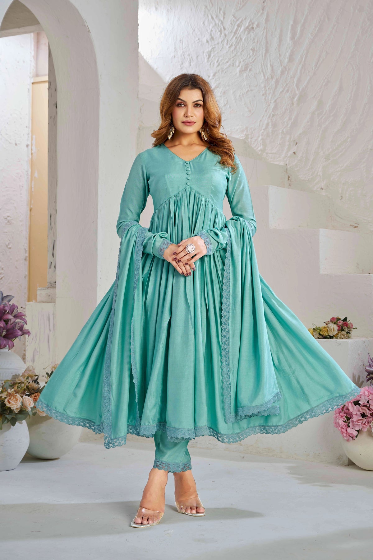Elegant Sea Green Muslin Cotton Anarkali Kurta Set with Dupatta