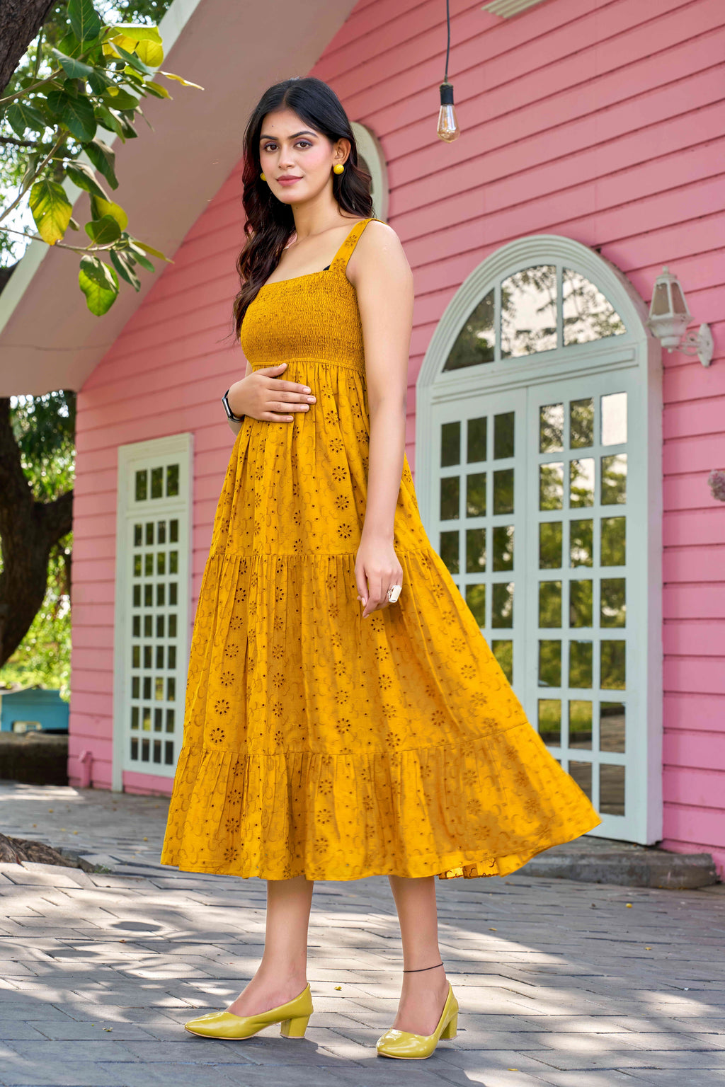 Chic Mustard Cotton Embroidered One-Piece Western Dress