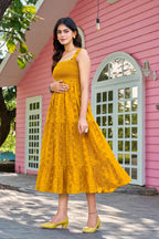 Chic Mustard Cotton Embroidered One-Piece Western Dress