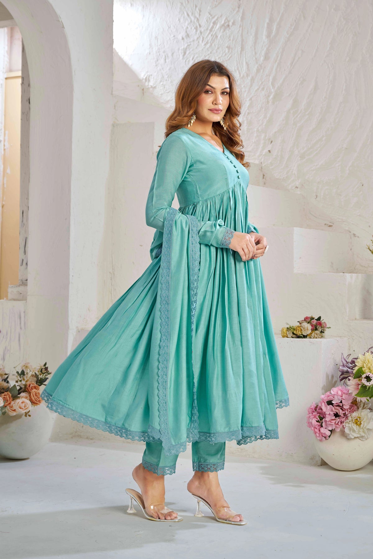 Elegant Sea Green Muslin Cotton Anarkali Kurta Set with Dupatta