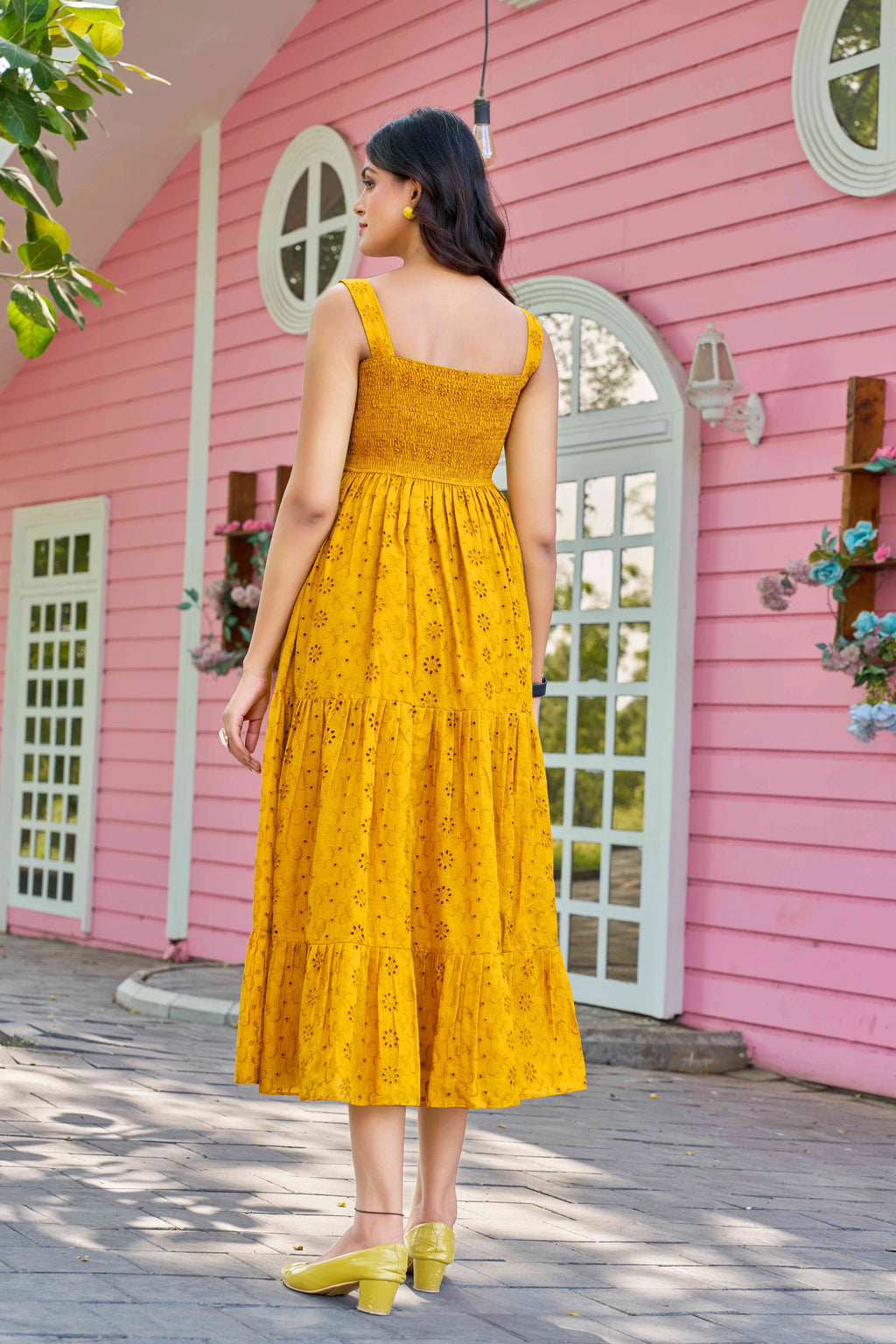 Chic Mustard Cotton Embroidered One-Piece Western Dress