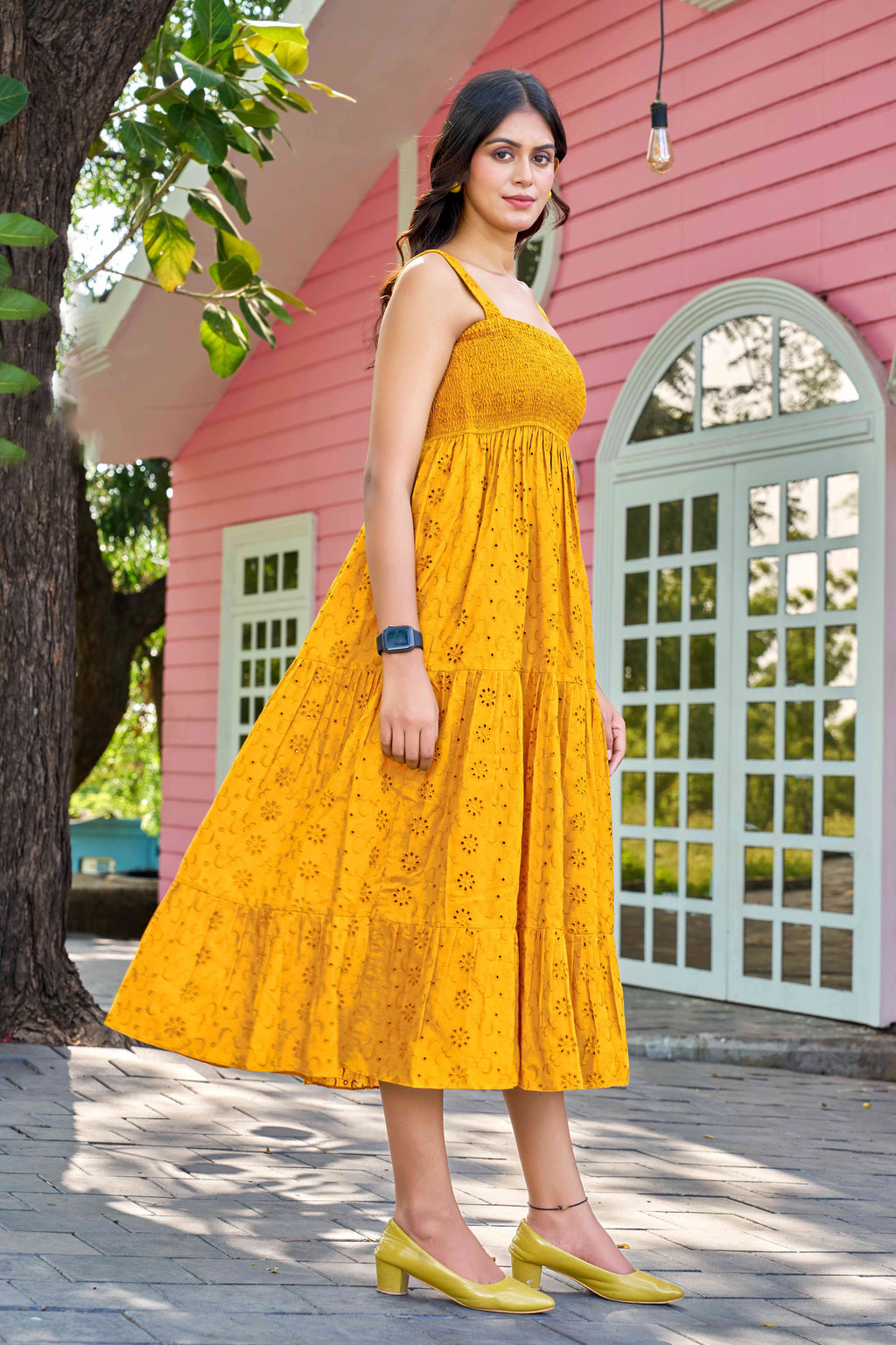 Chic Mustard Cotton Embroidered One-Piece Western Dress