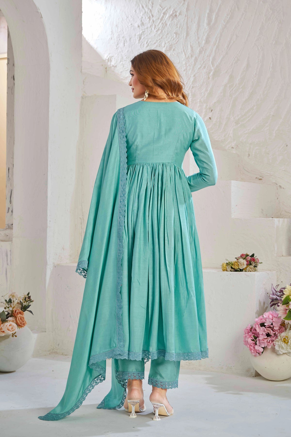 Elegant Sea Green Muslin Cotton Anarkali Kurta Set with Dupatta
