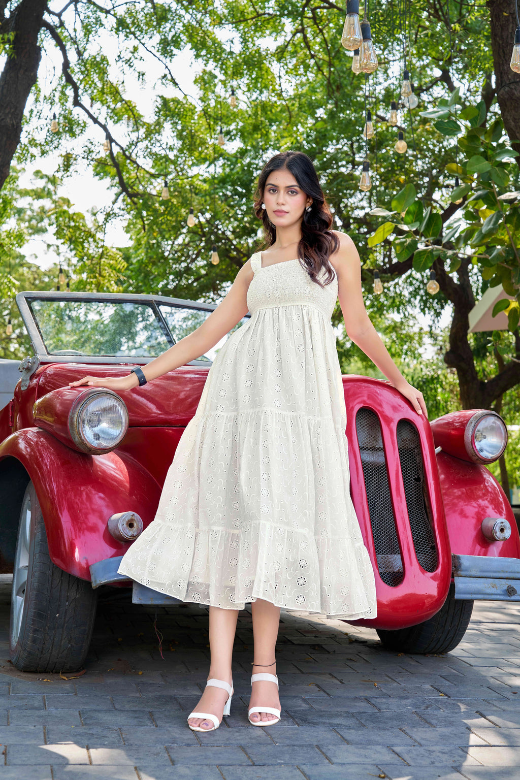 Chic White Cotton Embroidered One-Piece Western Dress