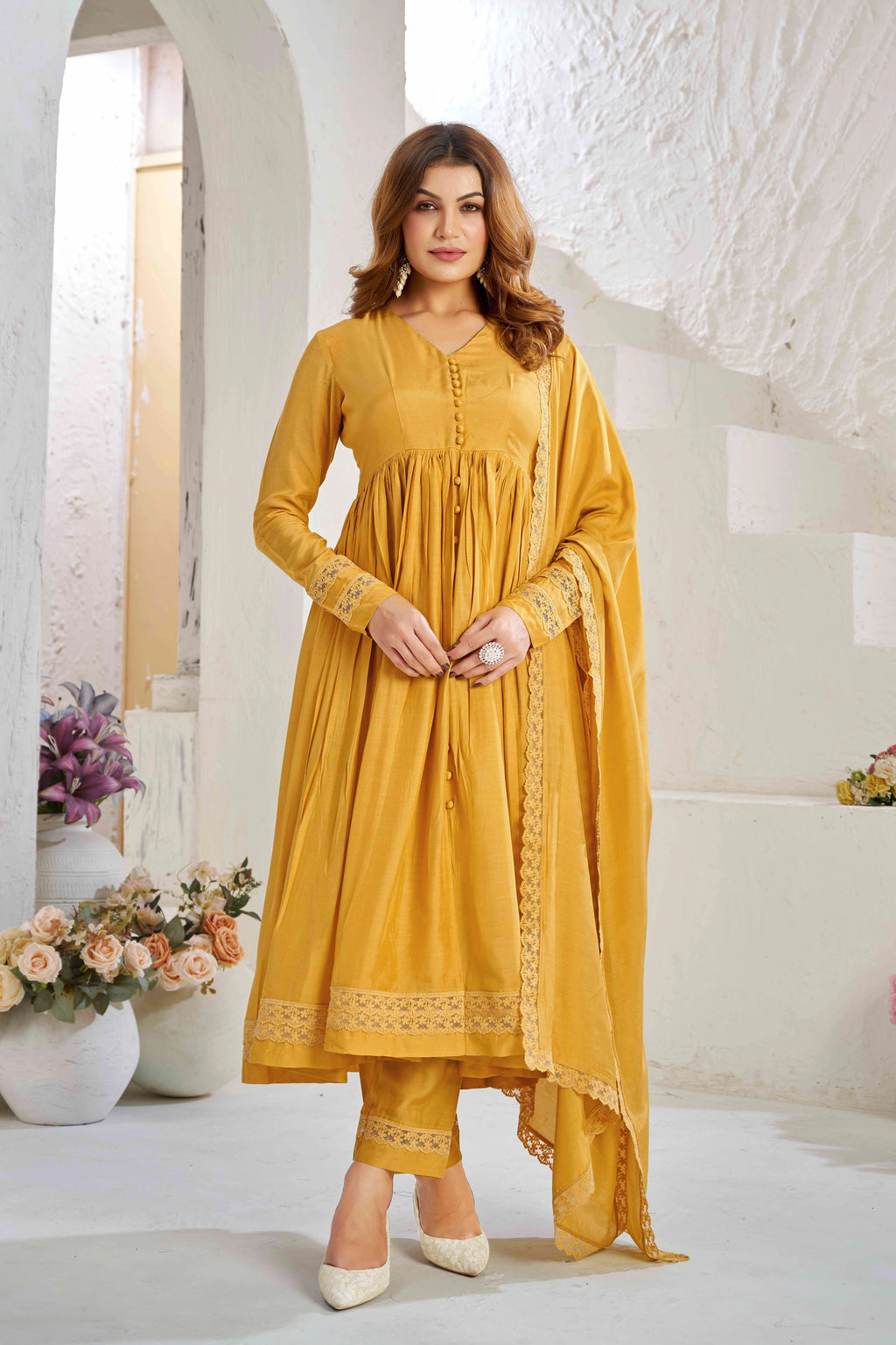 Elegant Mustard Yellow Muslin Cotton Anarkali Kurta Set with Dupatta