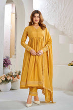 Elegant Mustard Yellow Muslin Cotton Anarkali Kurta Set with Dupatta