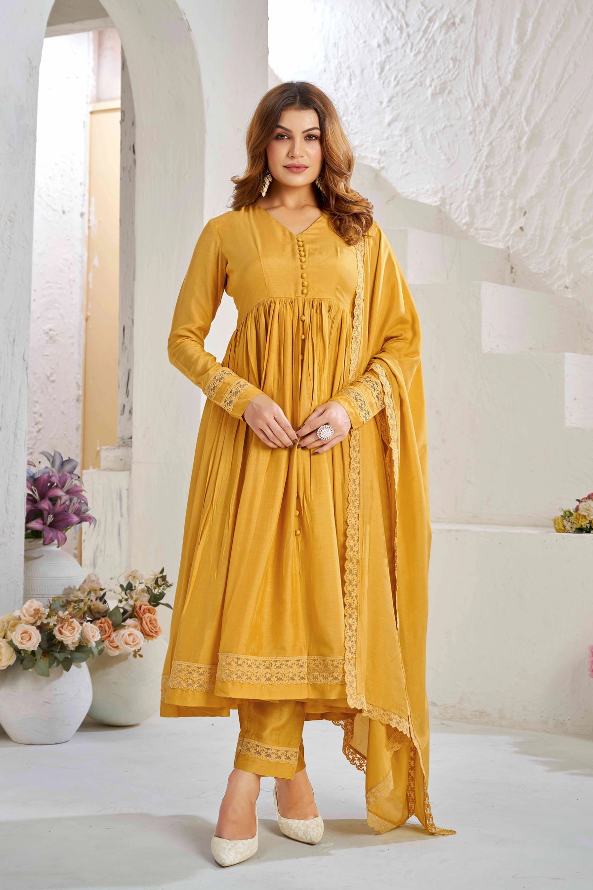 Elegant Mustard Yellow Muslin Cotton Anarkali Kurta Set with Dupatta