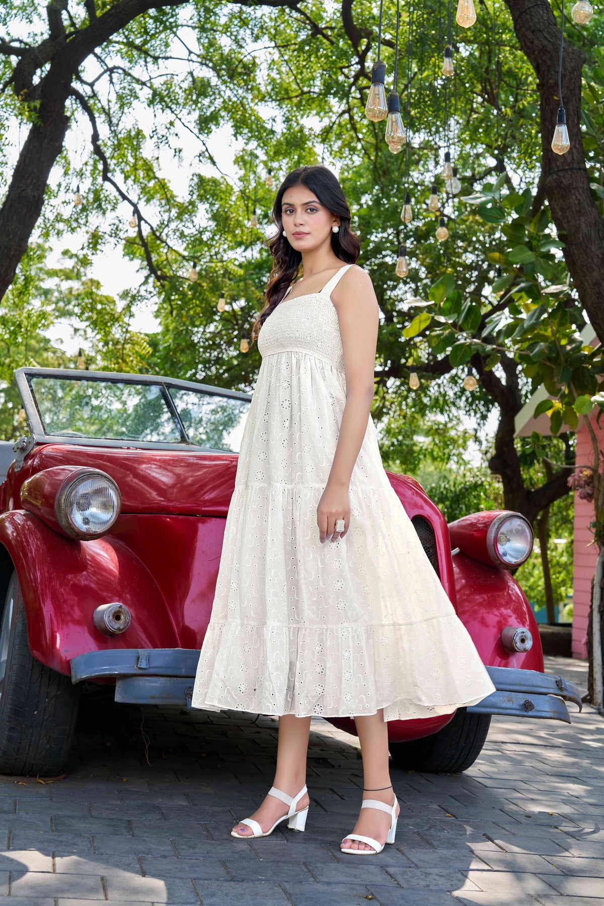 Chic White Cotton Embroidered One-Piece Western Dress
