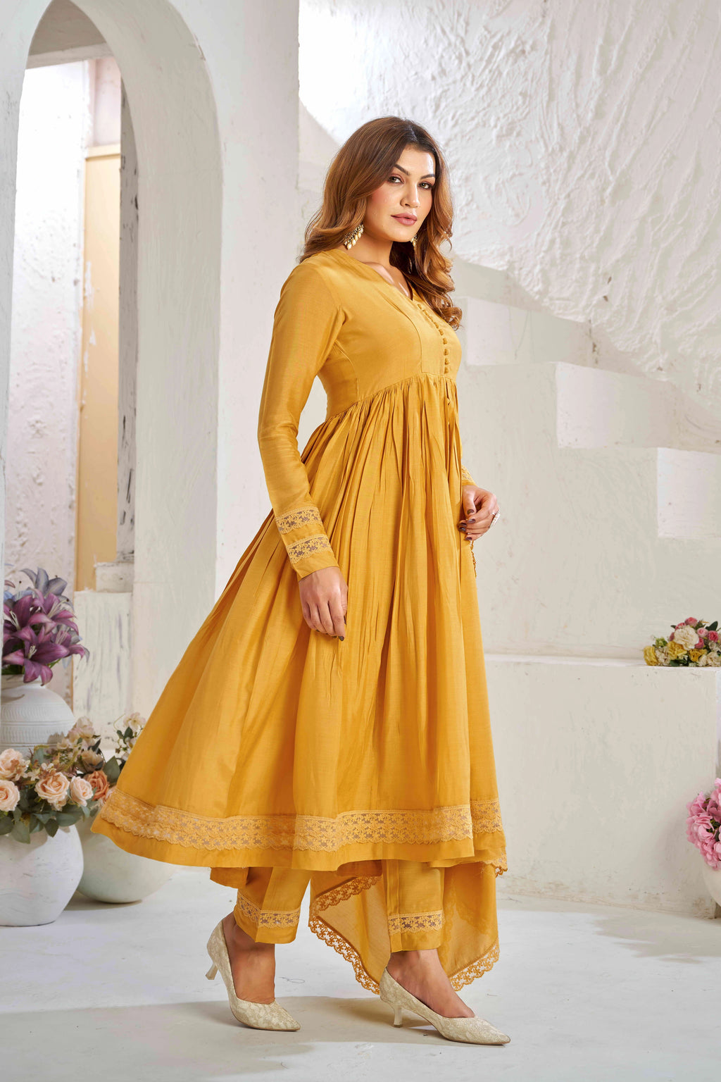 Elegant Mustard Yellow Muslin Cotton Anarkali Kurta Set with Dupatta
