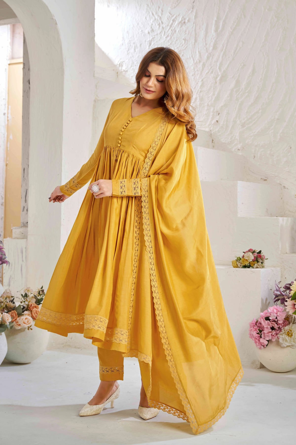Elegant Mustard Yellow Muslin Cotton Anarkali Kurta Set with Dupatta