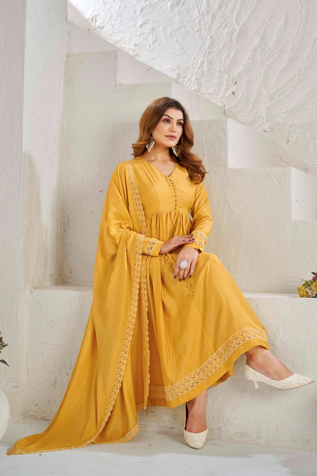 Elegant Mustard Yellow Muslin Cotton Anarkali Kurta Set with Dupatta