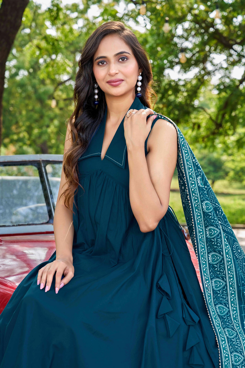 Stylish Teal Green Cotton Kurta Set with Printed Dupatta